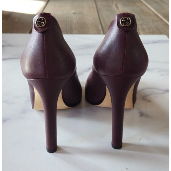 Gucci Women Pumps 38 US 8 Maroon Leather Interlocking G High Heels Slip On Shoes - Picture 4 of 14